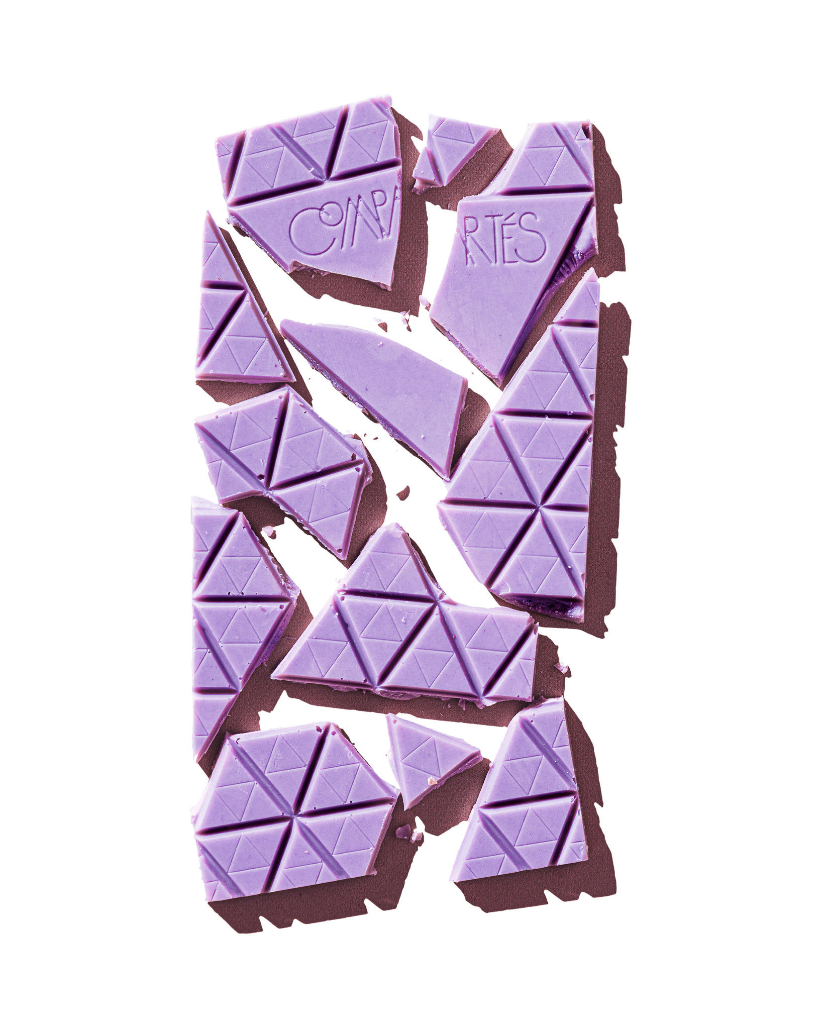 Compartes gourmet chocolate gift, purple lavender white chocolate bar with a faceted finish