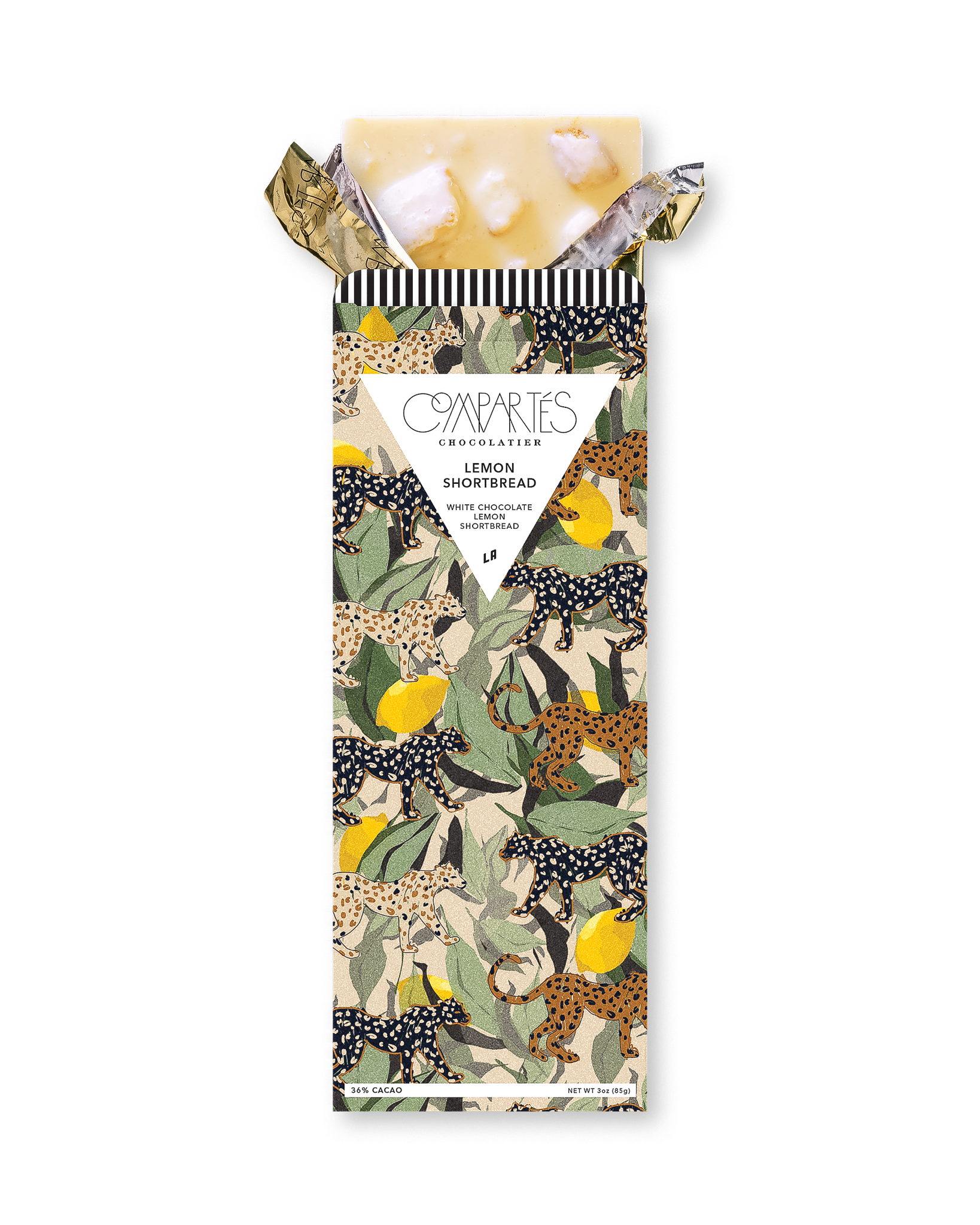 Compartes gourmet chocolate gift bar, white chocolate lemon shortbread in a cream leopard and lemon wrapper