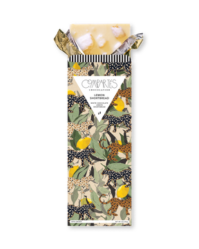 Compartes gourmet chocolate gift bar, white chocolate lemon shortbread in a cream leopard and lemon wrapper