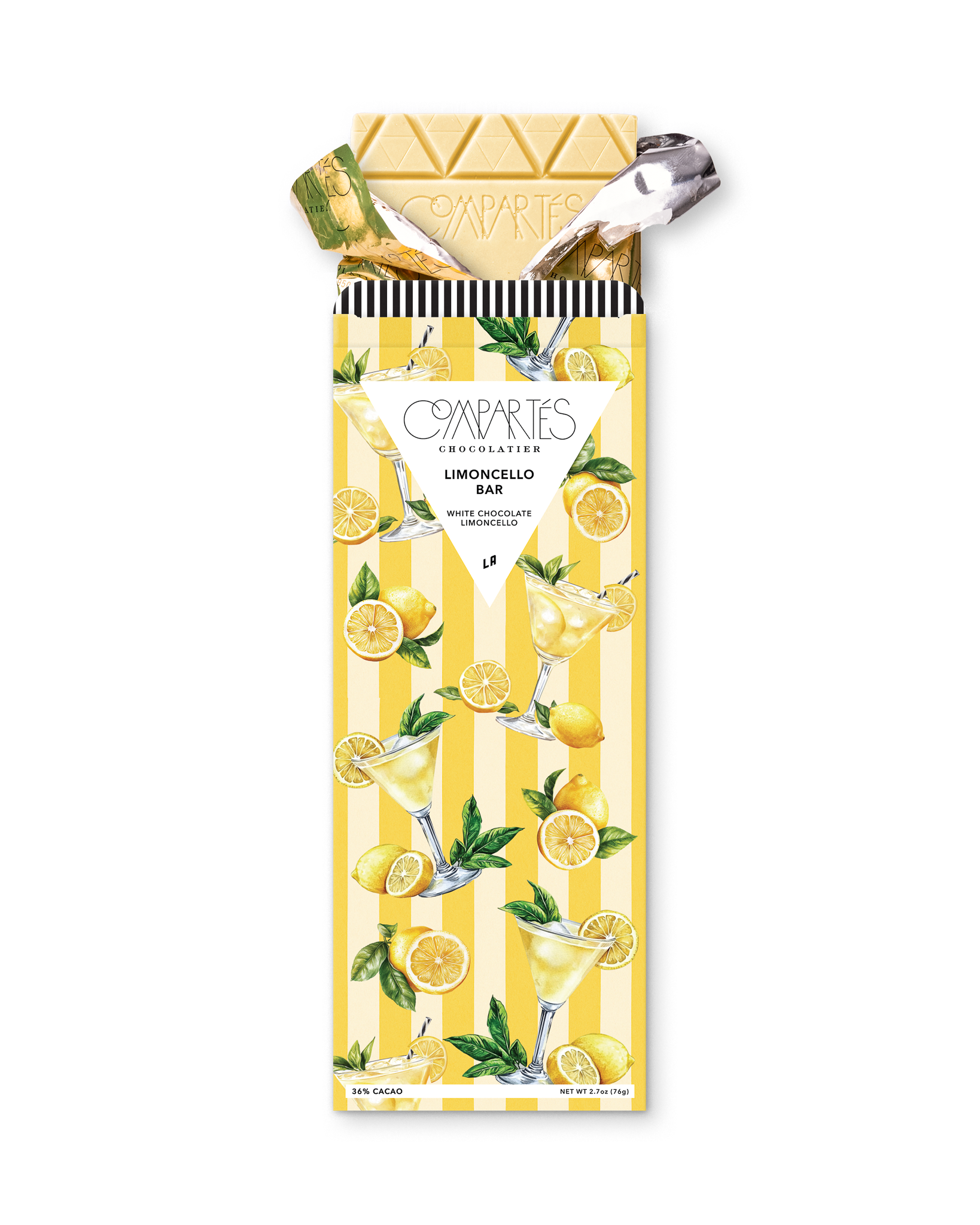 Compartes gourmet limoncello chocolate bar gift, white chocolate in a yellow striped lemon wrapper