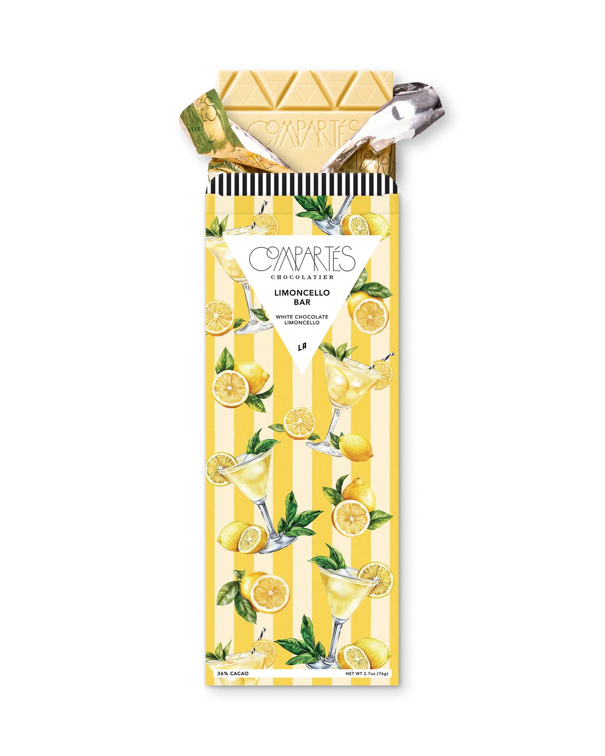 Compartes gourmet limoncello chocolate bar gift, white chocolate in a yellow striped lemon wrapper