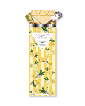 Compartes gourmet limoncello chocolate bar gift, white chocolate in a yellow striped lemon wrapper