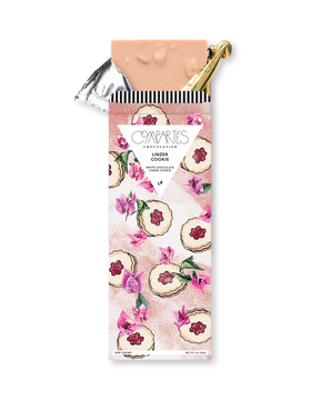 Compartes luxury linzer cookie chocolate gift bar, soft pink cookie and orchid wrapper, white chocolate, raspberry