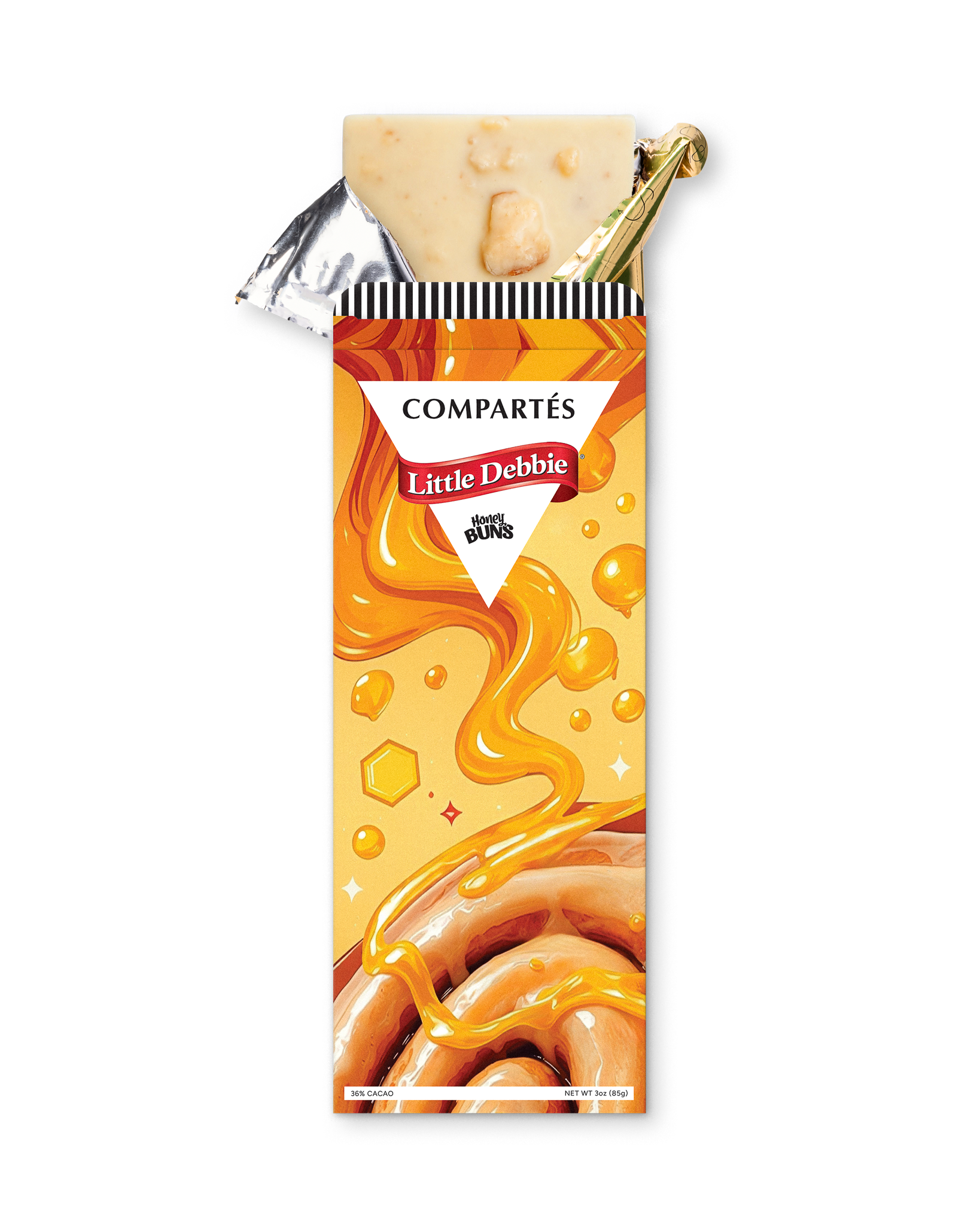 A partially unwrapped Compartés Little Debbie Honey Buns chocolate bar, showing the creamy beige chocolate filling and a gold foil seal, set against a plain white background.