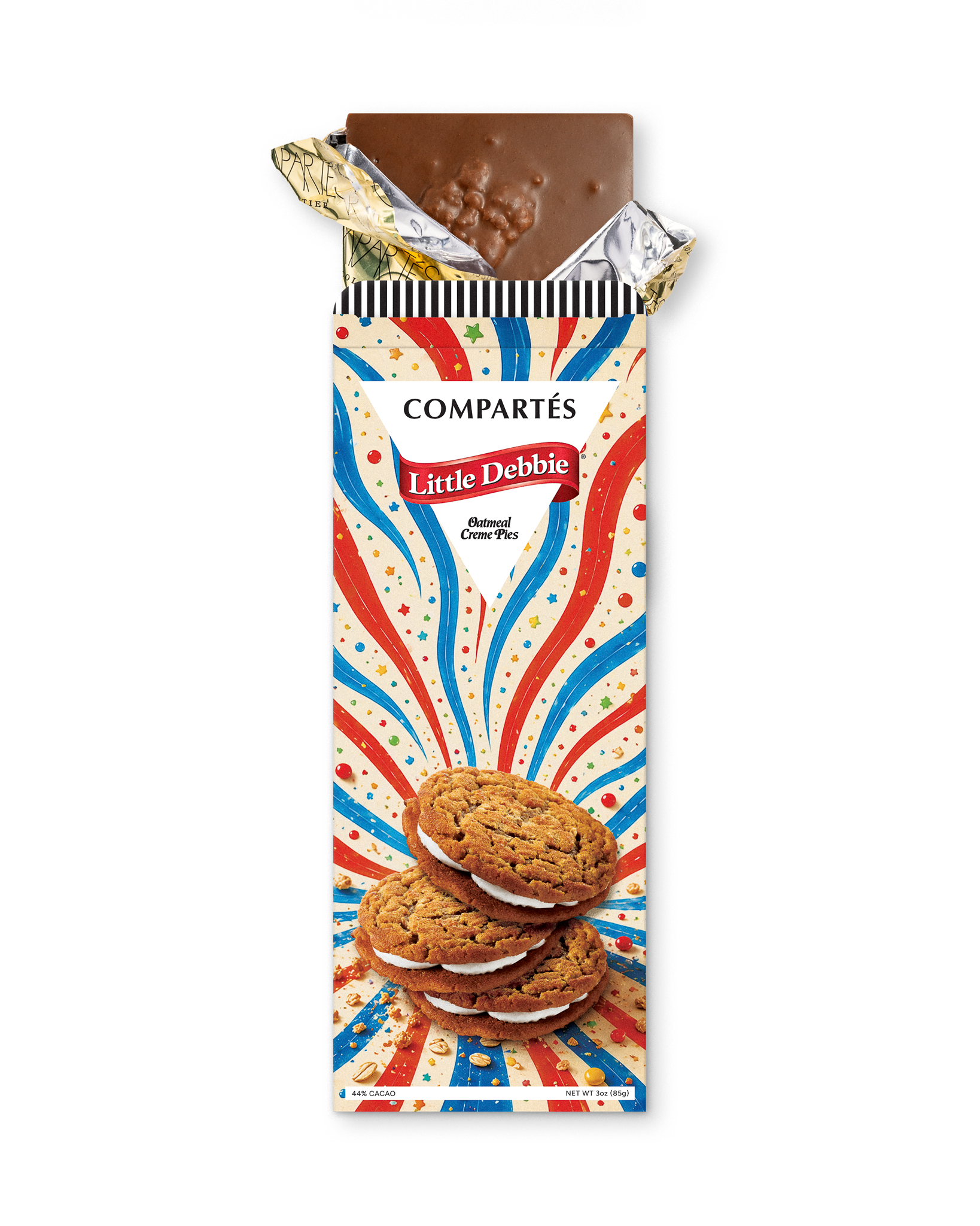 A Compérés Little Debbie oatmeal creme pies bar in its wrapper, with the top foil partially peeled back to reveal a piece of chocolate. The wrapper features a red, white, and blue burst design with an illustration of oatmeal creme pies.