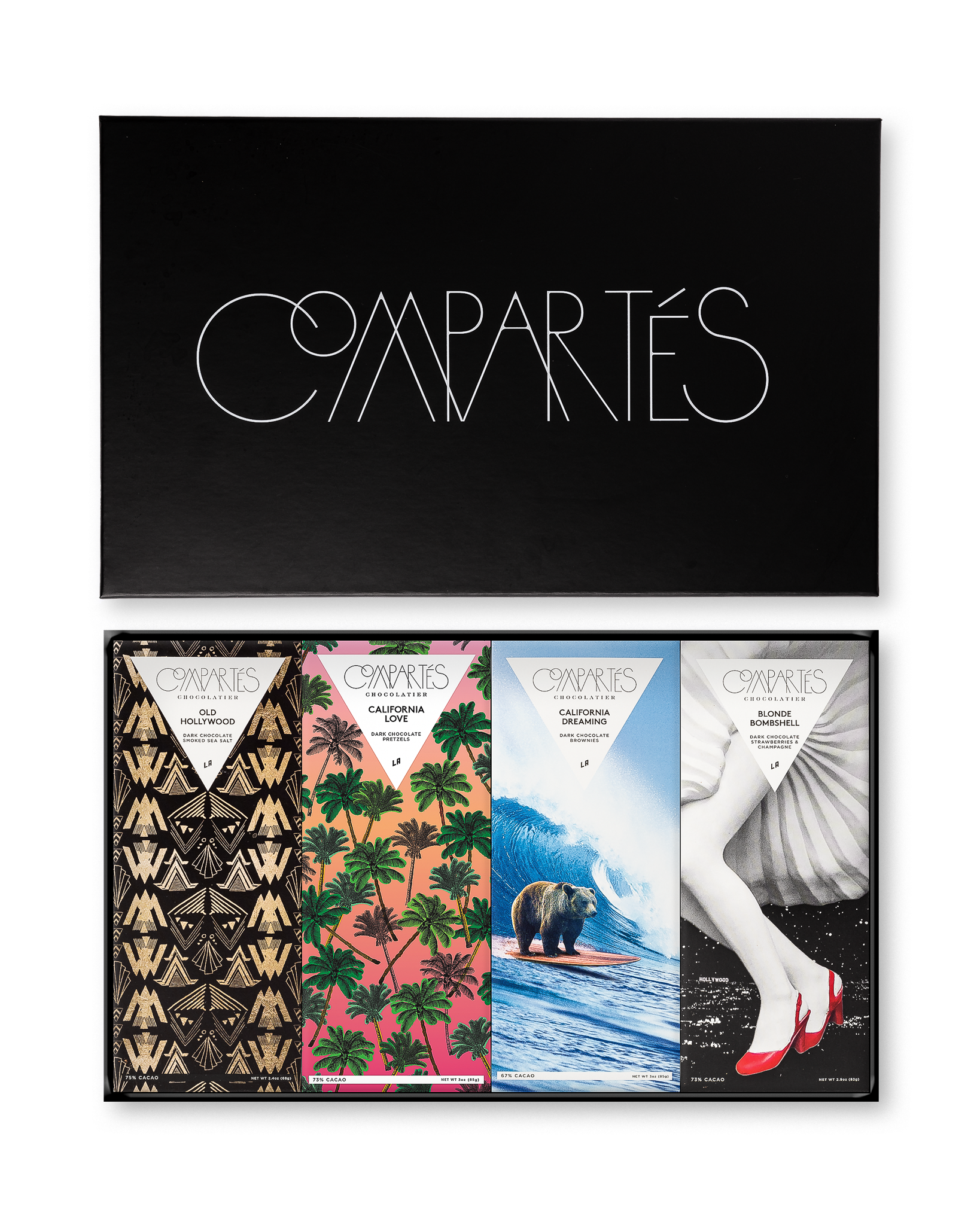 Compartes luxury Los Angeles chocolates gift set, bars with palm, surf and Hollywood wrapper art