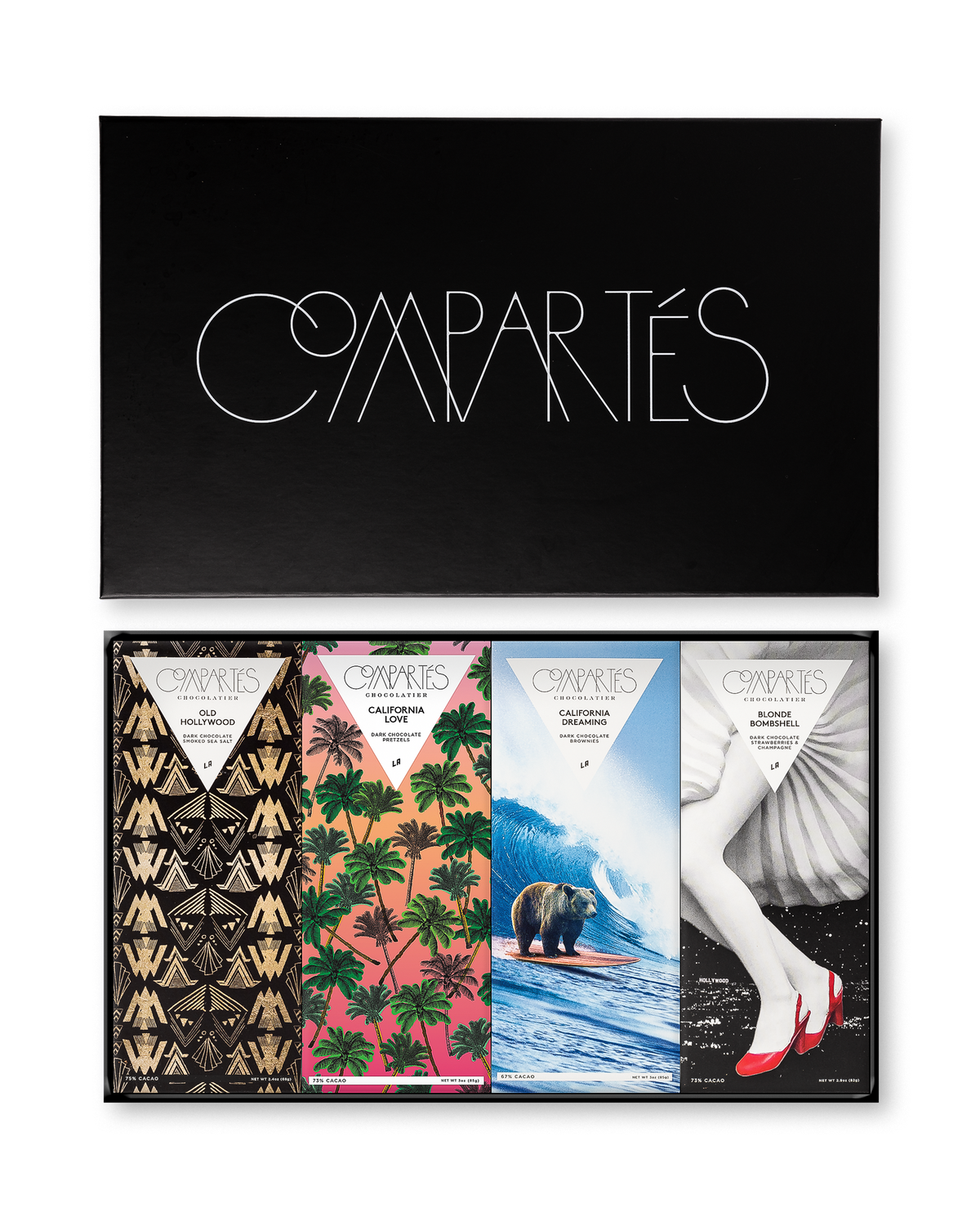 Compartes luxury Los Angeles chocolates gift set, bars with palm, surf and Hollywood wrapper art