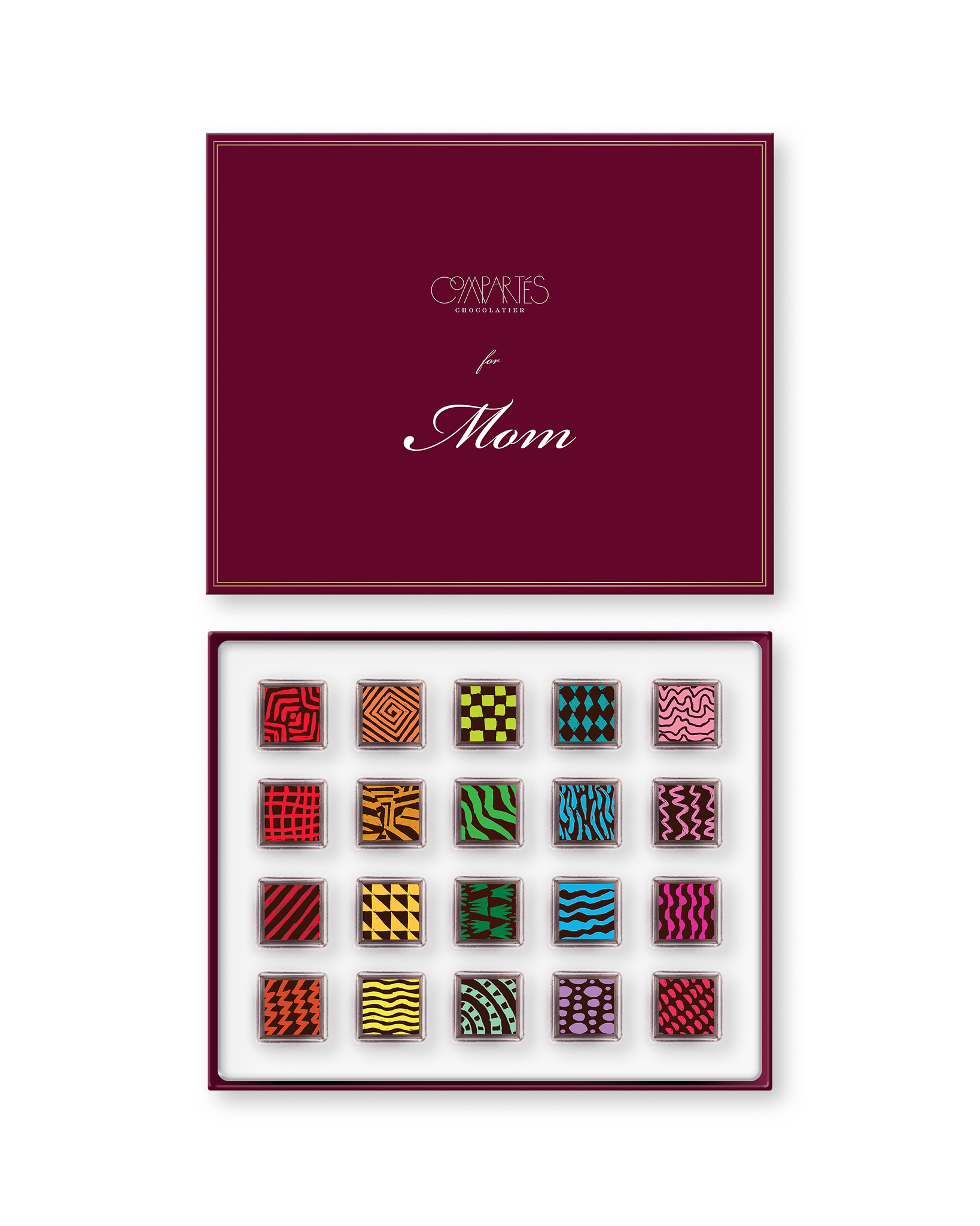 Compartes luxury signature chocolate truffles for Mom, burgundy gift box, squares in rich red, green and pink patterns