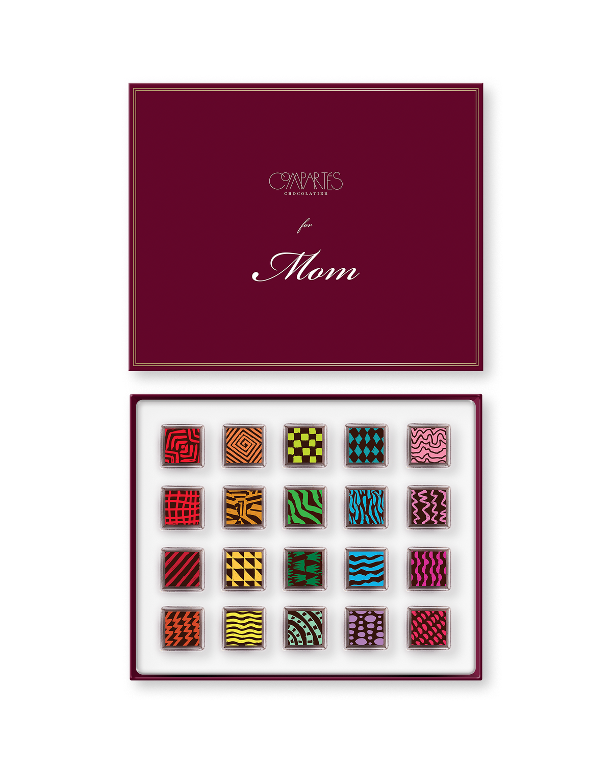 Compartes luxury signature chocolate truffles for Mom, burgundy gift box, squares in rich red, green and pink patterns