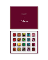 Compartes luxury signature chocolate truffles for Mom, burgundy gift box, squares in rich red, green and pink patterns