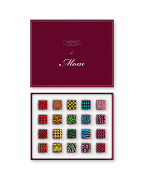 Compartes luxury signature chocolate truffles for Mom, burgundy gift box, squares in rich red, green and pink patterns