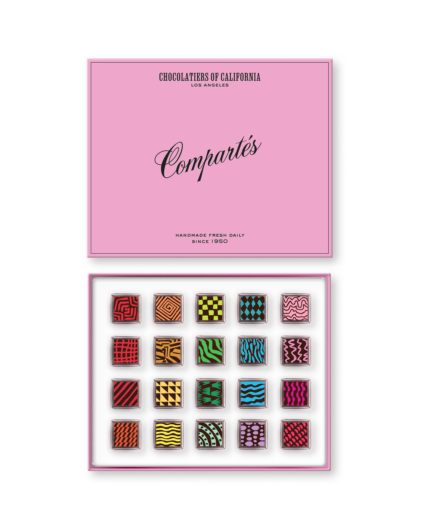 Compartes luxury signature chocolate truffles in a pink gift box, squares in rich red, green and teal patterns
