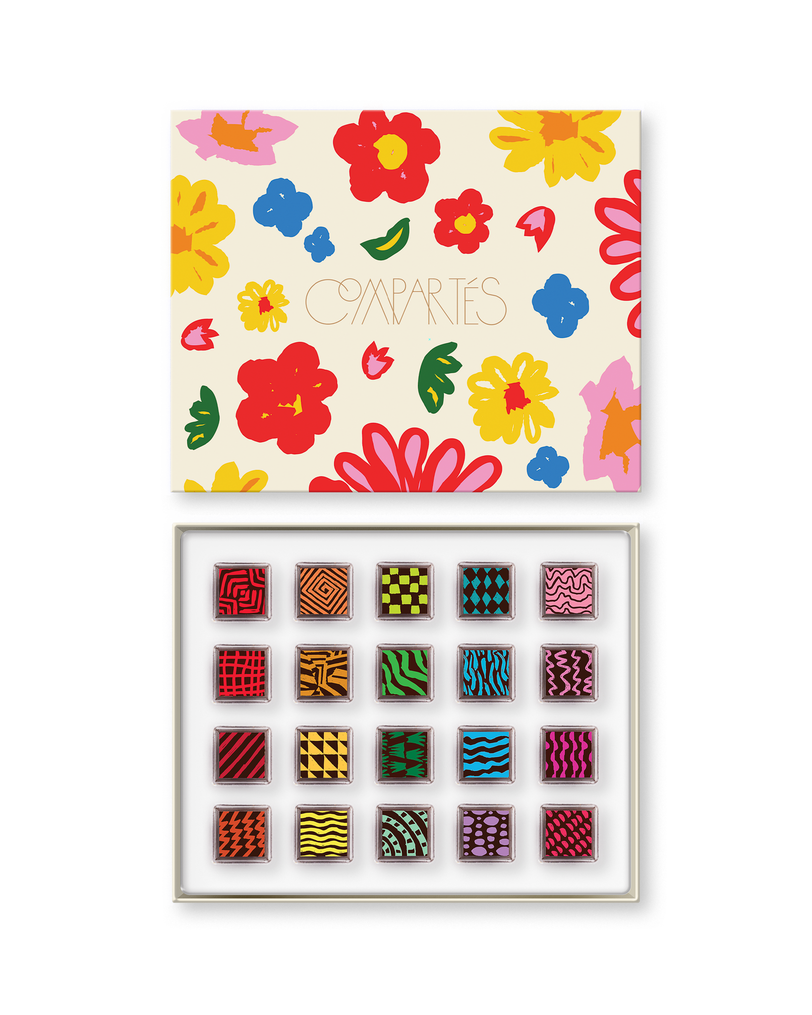Compartes luxury chocolate truffle gift box, signature truffles in deep red and yellow patterns, floral lid