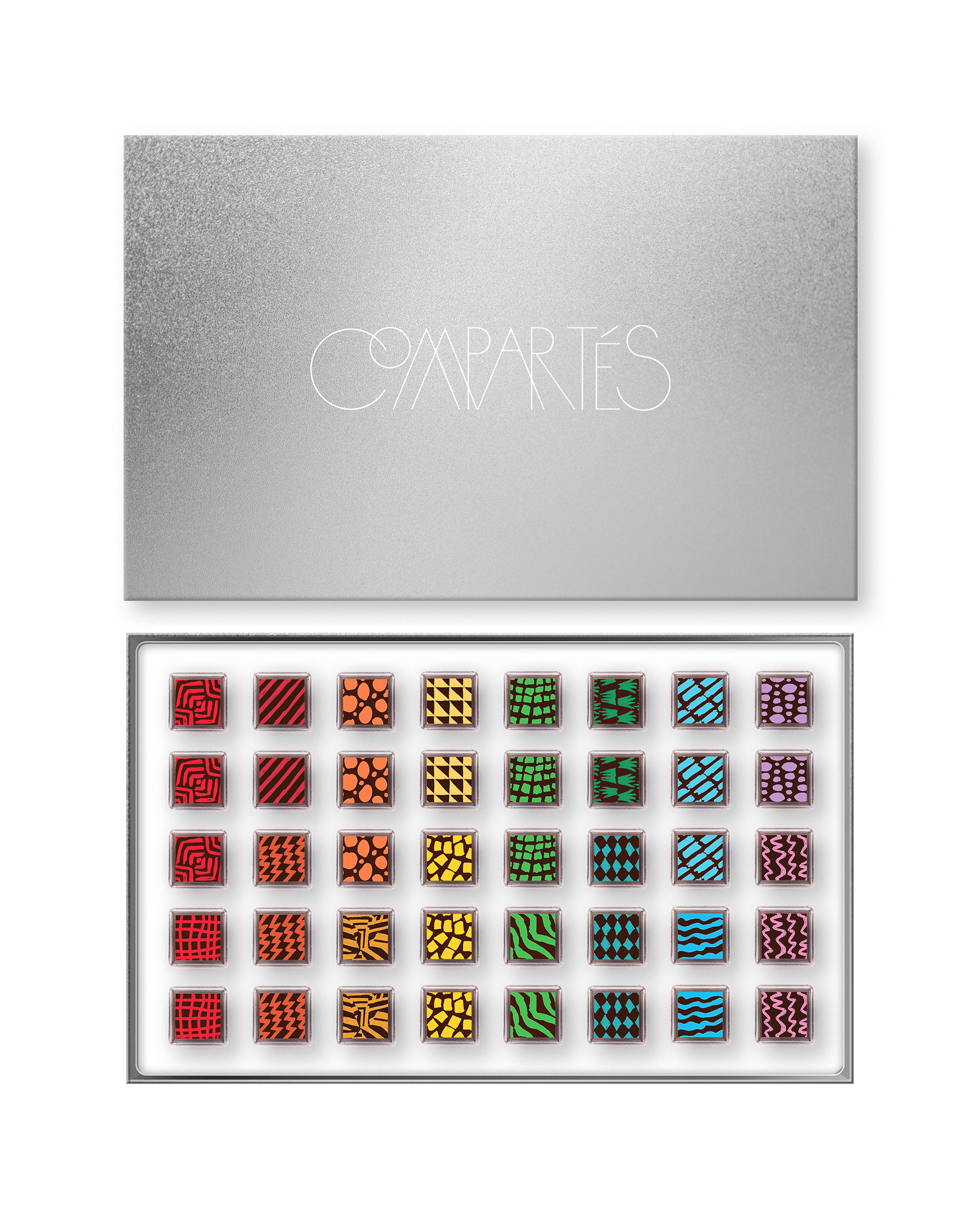 Compartes luxury signature chocolate truffles in a silver gift box, squares in rich red, green and blue patterns
