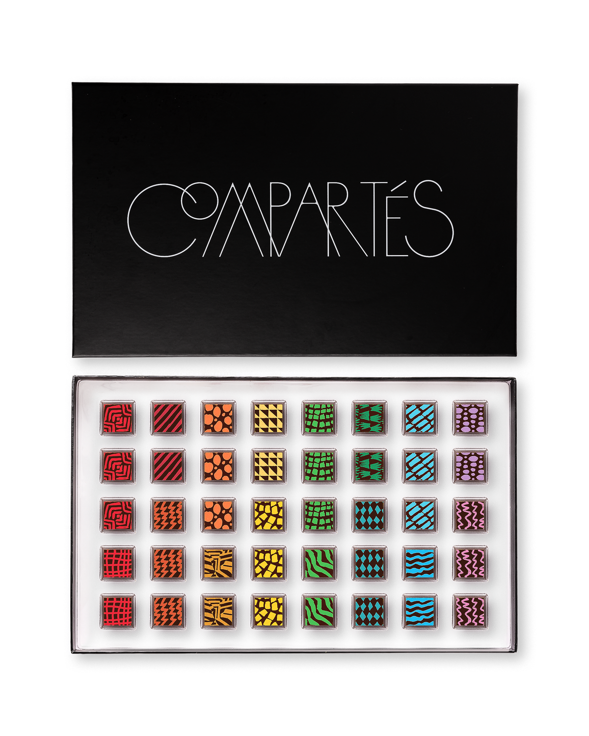 Compartes luxury signature chocolate truffles in a black gift box, squares in rich red, gold and green patterns