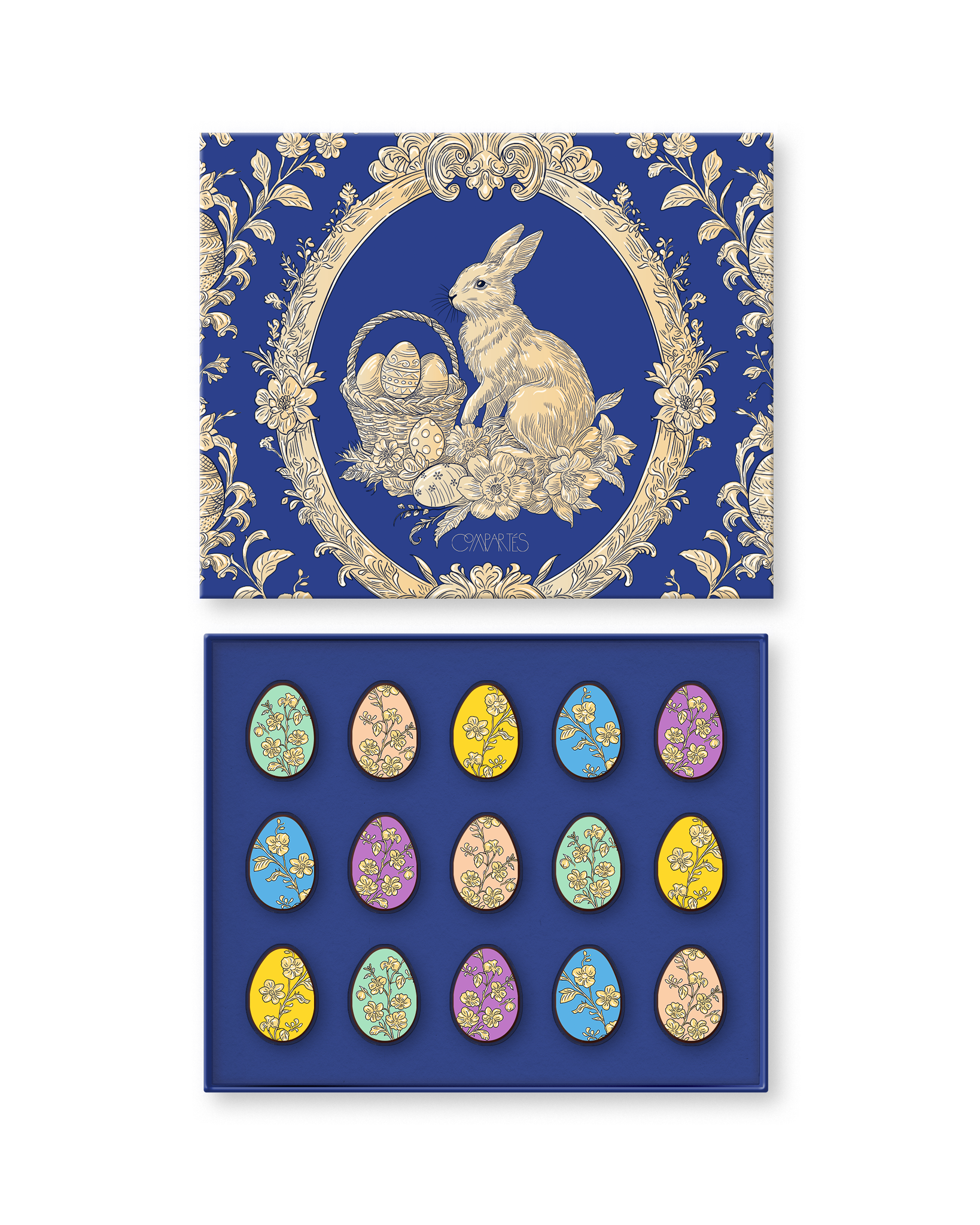 Compartes luxury Easter chocolate gift box, floral egg chocolates under a deep blue and gold bunny lid
