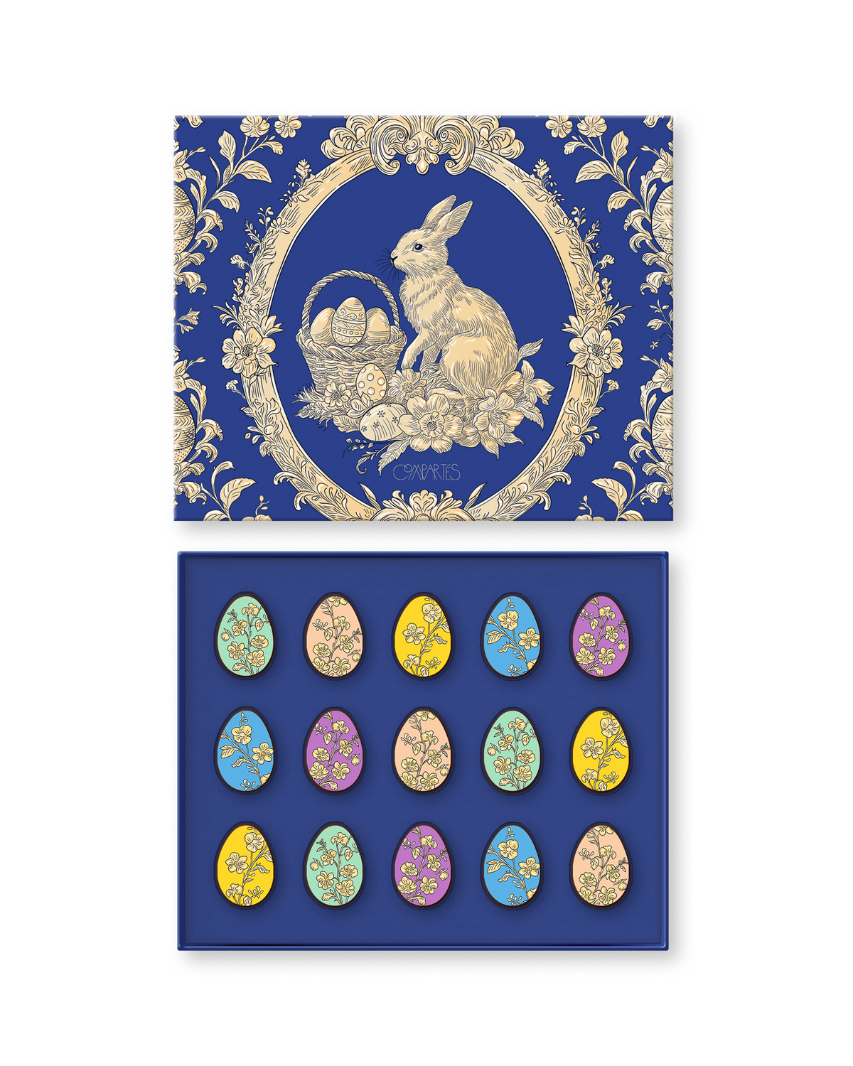 Compartes luxury Easter chocolate gift box, floral egg chocolates under a deep blue and gold bunny lid