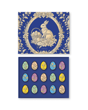 Compartes luxury Easter chocolate gift box, floral egg chocolates under a deep blue and gold bunny lid