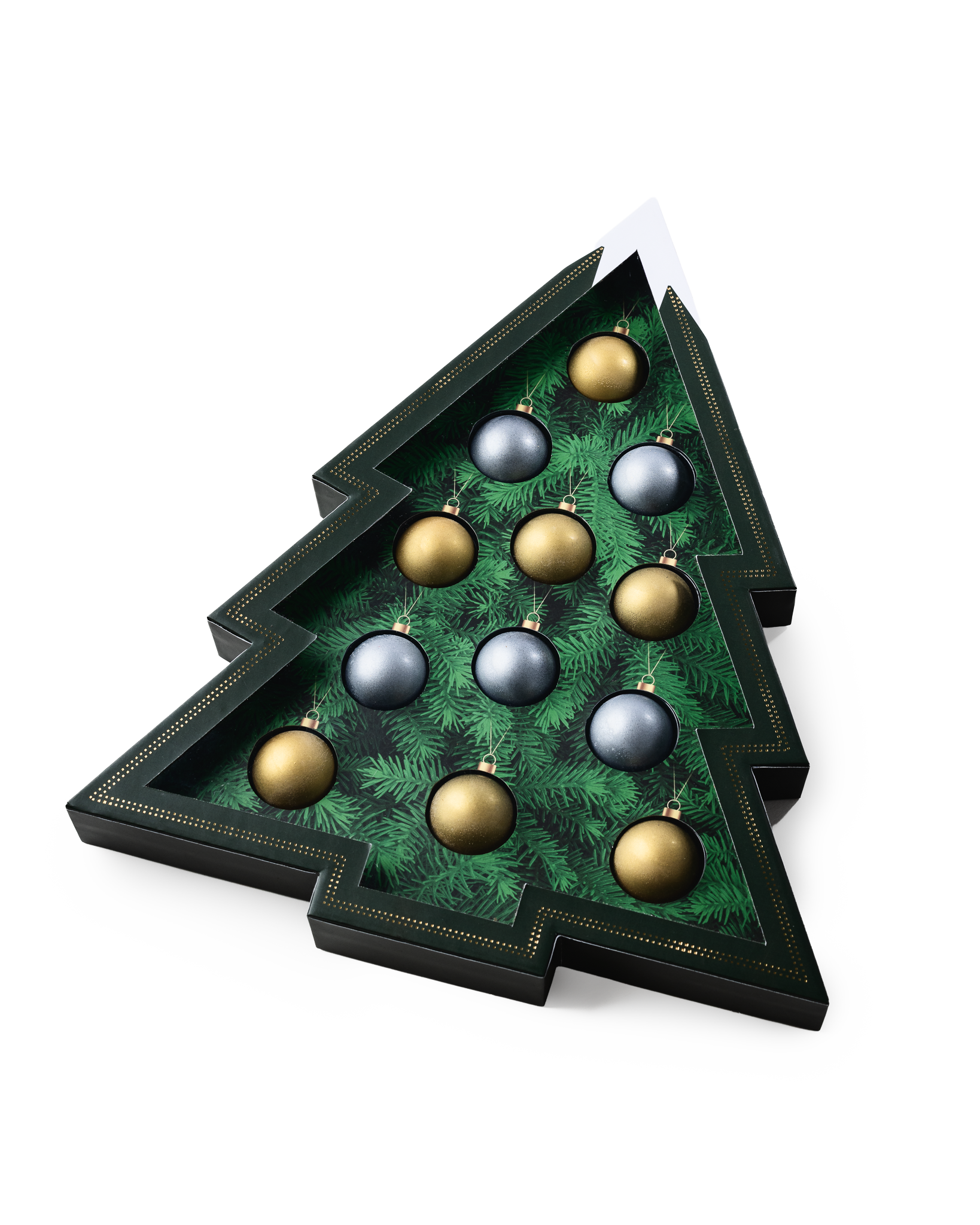 Compartes luxury chocolate Christmas gift box shaped as a tree, gold and silver chocolate ornaments