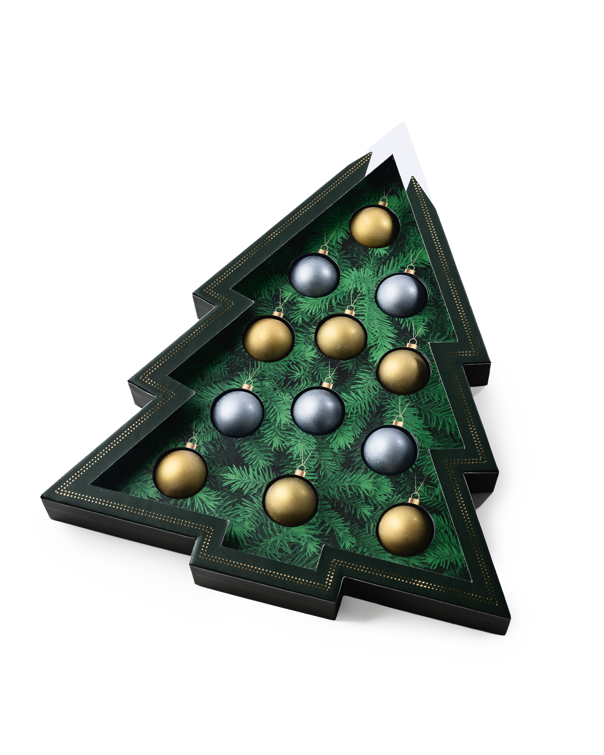 Compartes luxury chocolate Christmas gift box shaped as a tree, gold and silver chocolate ornaments
