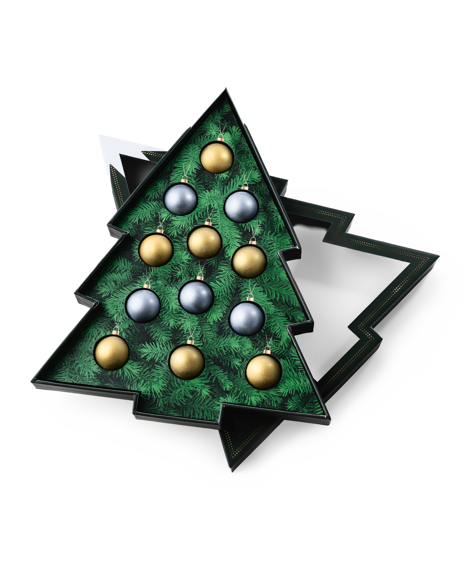 Compartes luxury chocolate Christmas gift box, tree shaped box of gold and silver chocolate ornaments