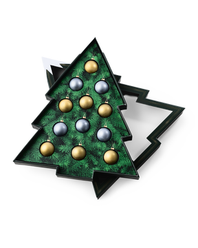 Compartes luxury chocolate Christmas gift box, tree shaped box of gold and silver chocolate ornaments