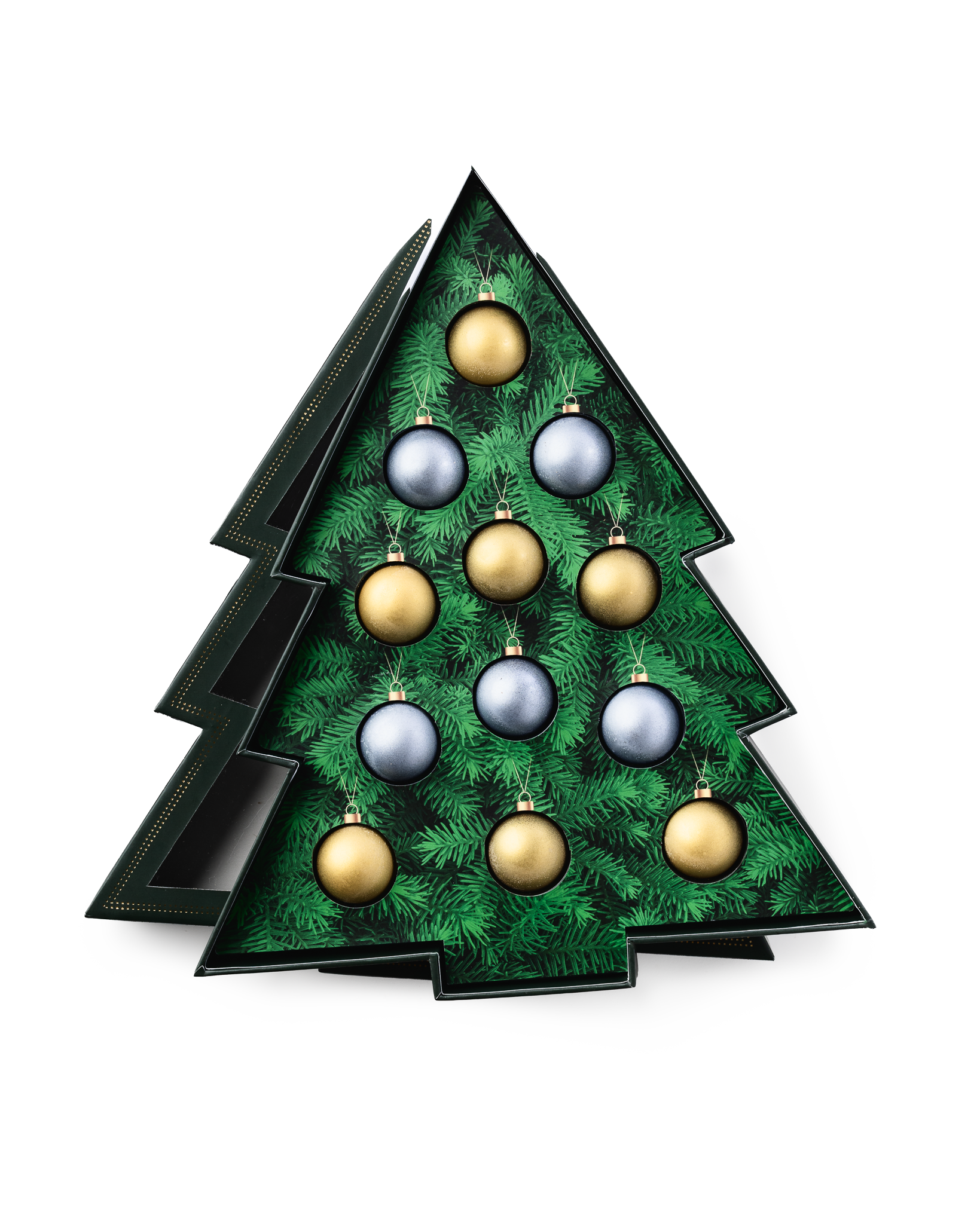 Compartes luxury chocolate Christmas tree gift box, open to green pine art and gold and silver ornaments
