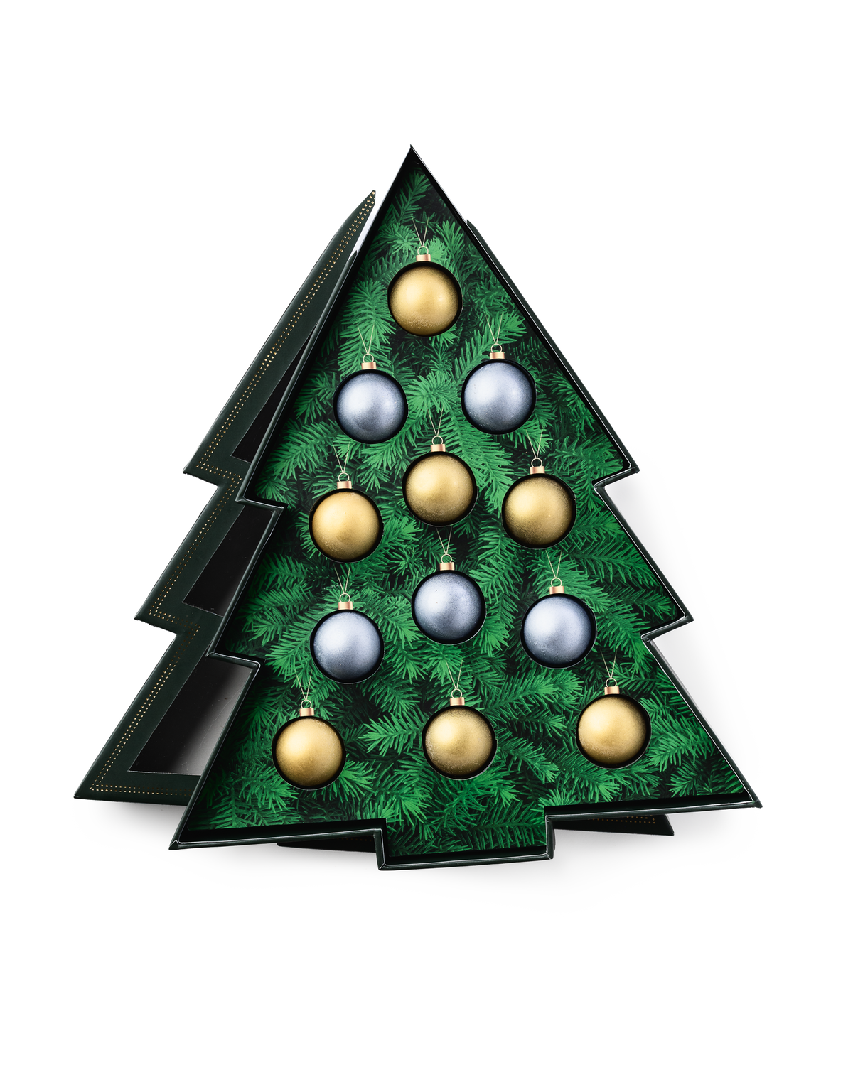 Compartes luxury chocolate Christmas tree gift box, open to green pine art and gold and silver ornaments
