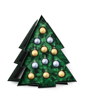 Compartes luxury chocolate Christmas tree gift box, open to green pine art and gold and silver ornaments