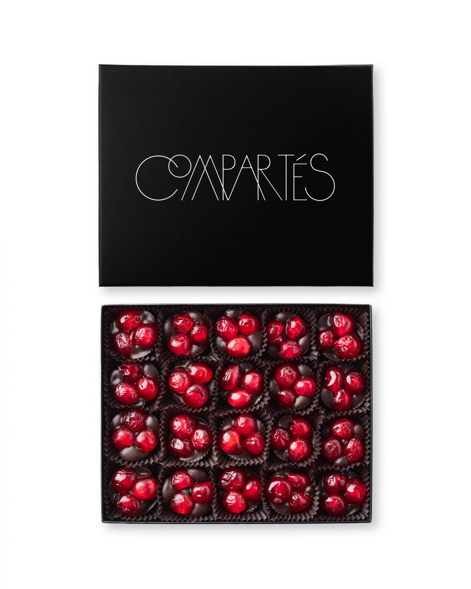 Compartes luxury chocolate covered cherries gift box, deep red cherries in dark chocolate