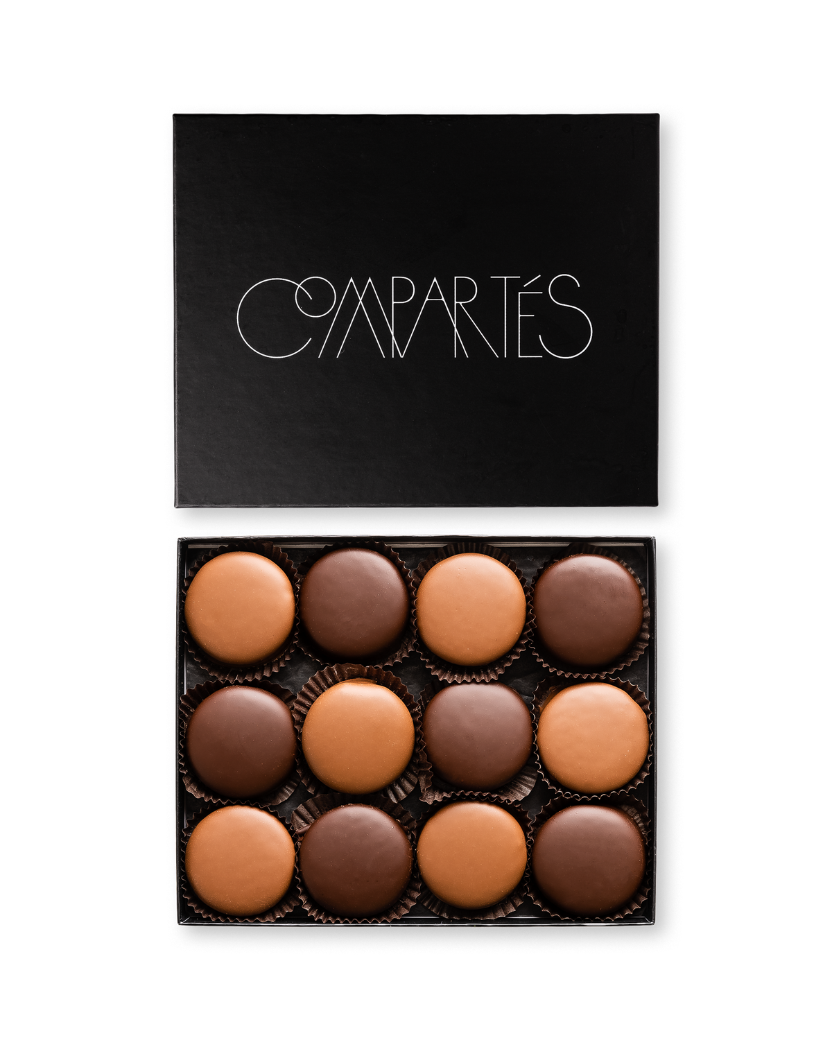 Compartes luxury chocolate double dipped sandwich cookies in dark and milk chocolate, black gift box