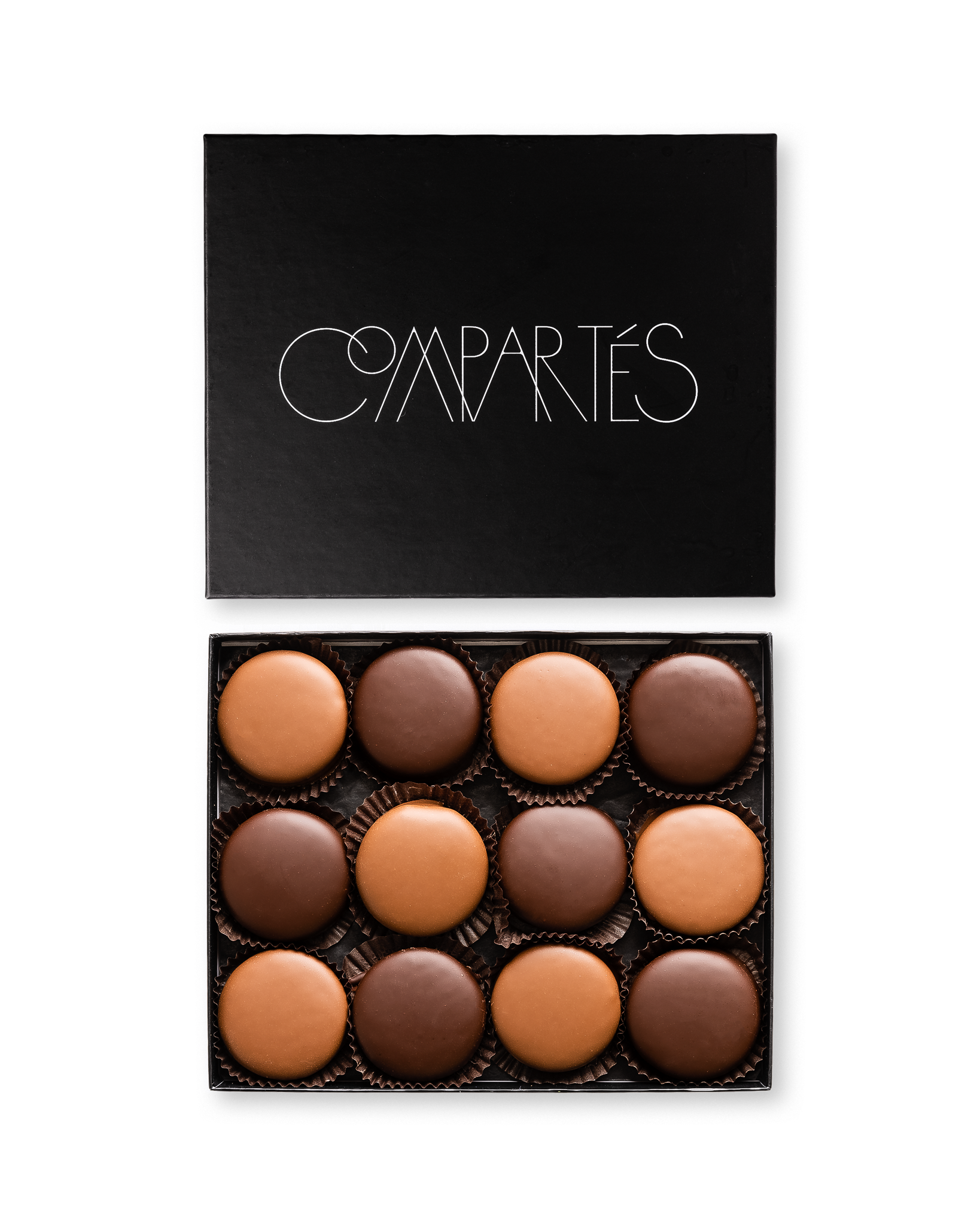 Compartes luxury chocolate double dipped sandwich cookies in dark and milk chocolate, black gift box