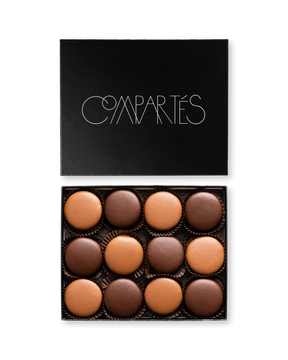 Compartes luxury chocolate double dipped sandwich cookies in dark and milk chocolate, black gift box