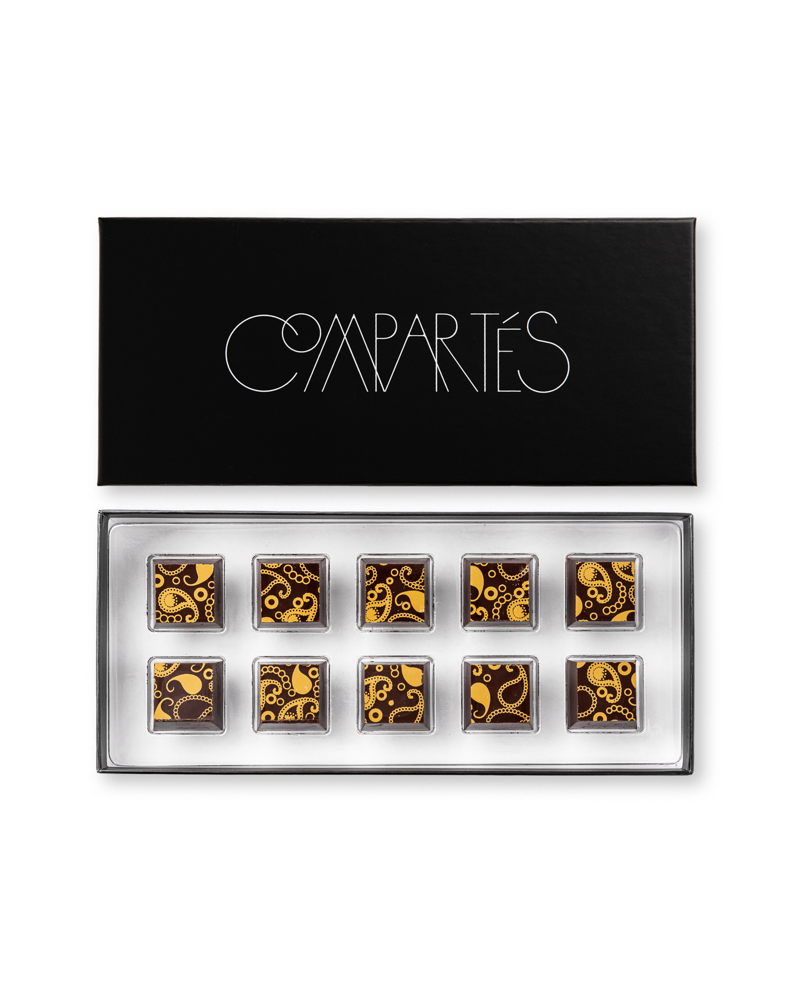Compartes luxury Macallan scotch whiskey truffles, dark chocolate squares in gold paisley patterns, chocolate gift