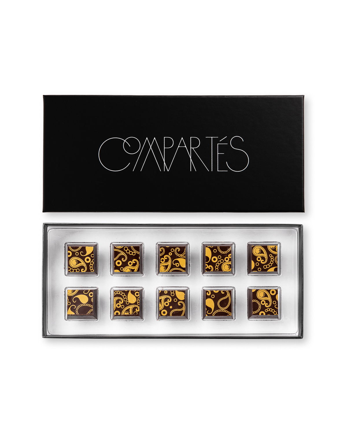 Compartes luxury Macallan scotch whiskey truffles, dark chocolate squares in gold paisley patterns, chocolate gift
