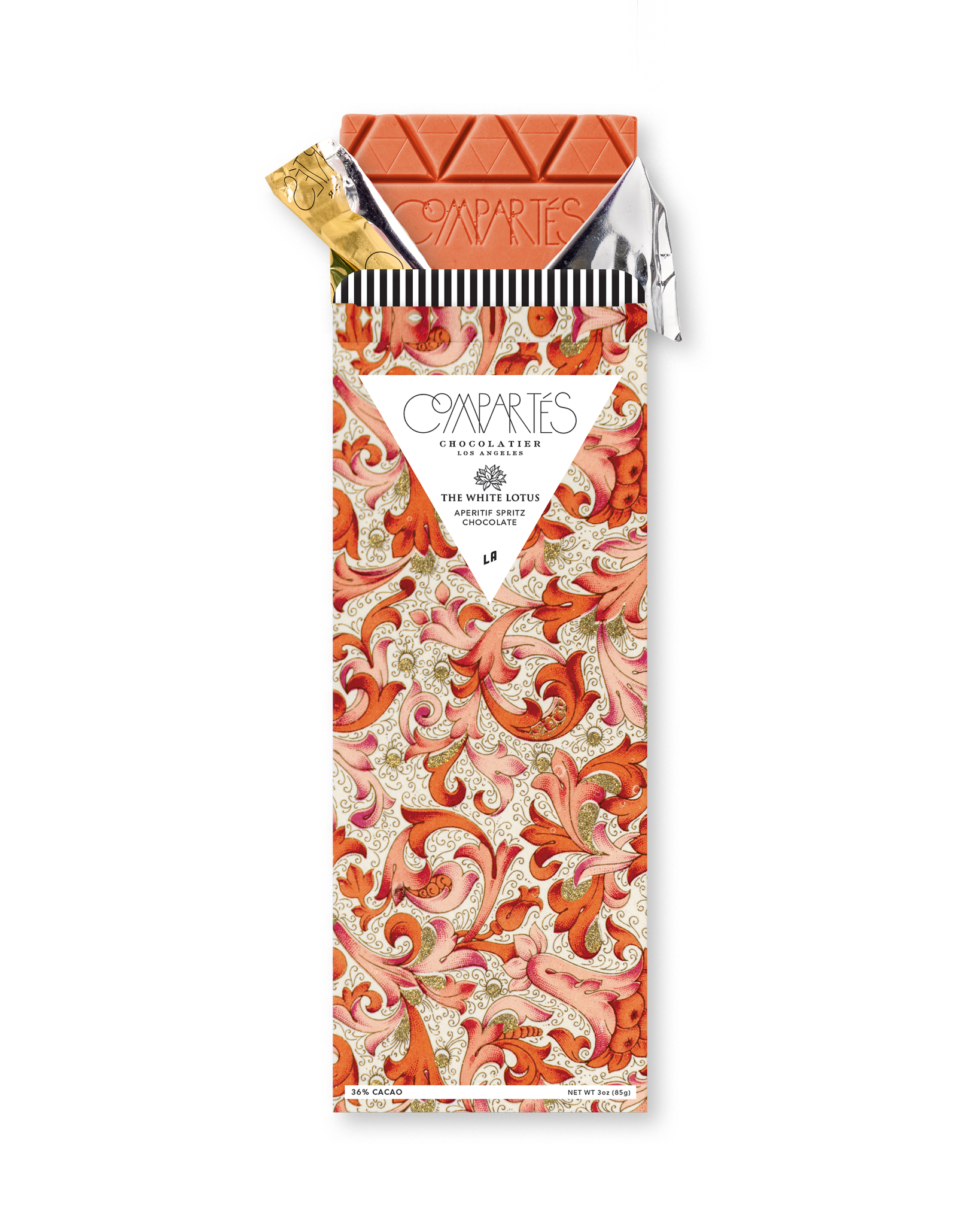 Compartes luxury the White Lotus aperitif spritz chocolate bar, coral and cream scroll wrapper, chocolate gift, orange