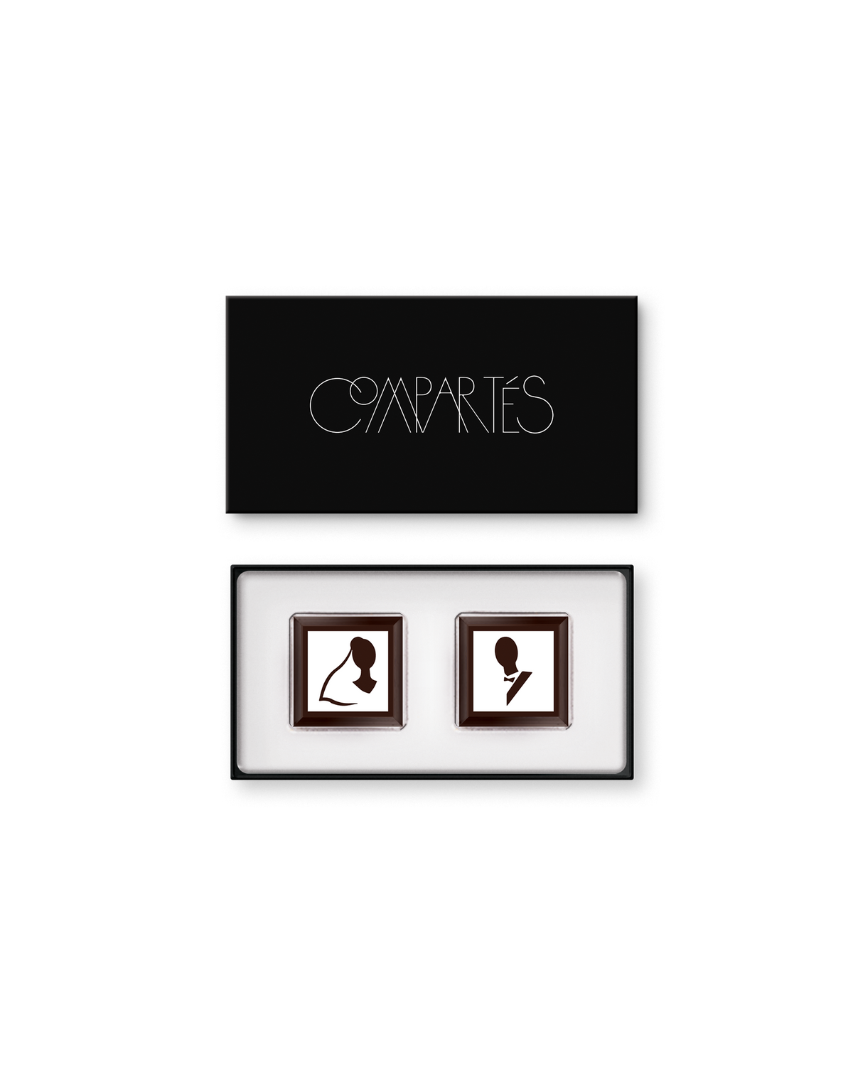 Compartes luxury chocolate wedding favor, white chocolate squares with bride and groom silhouettes, gift box, vanilla