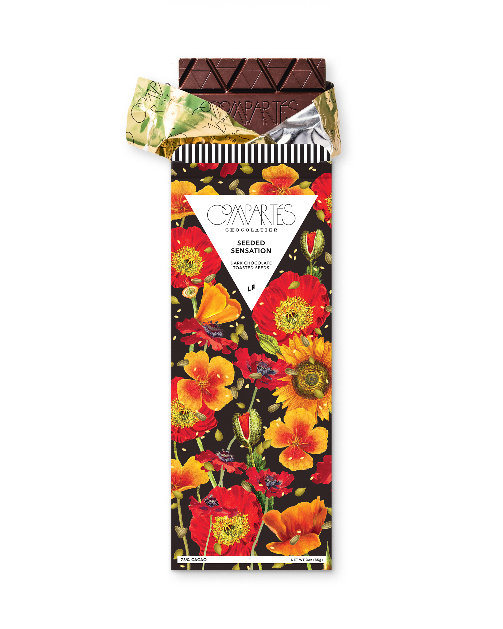 Compartes luxury dark chocolate seeded sensation bar, red and orange poppy print wrapper, chocolate gift