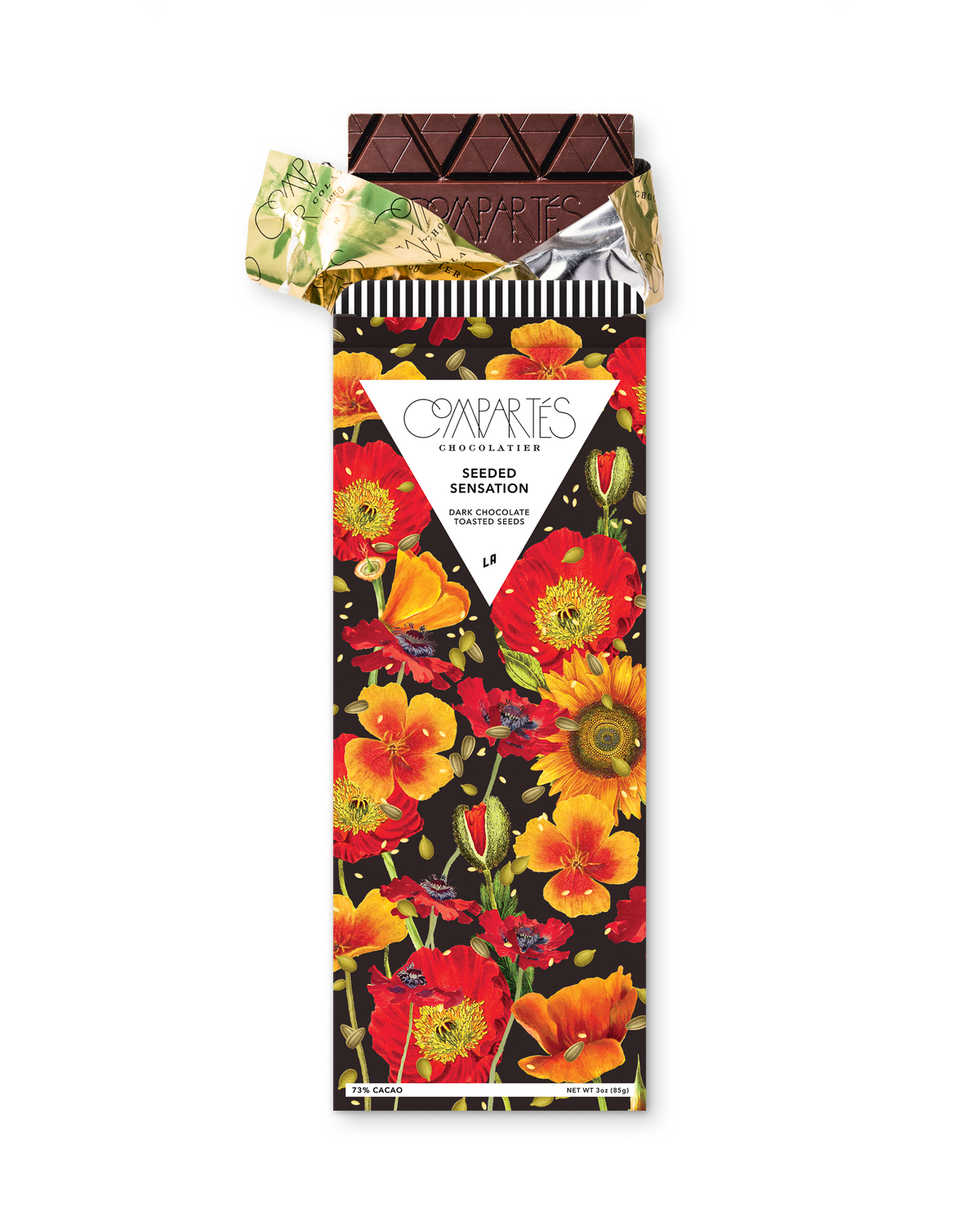 Compartes luxury dark chocolate seeded sensation bar, red and orange poppy print wrapper, chocolate gift