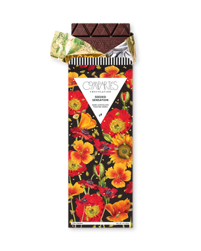 Compartes luxury dark chocolate seeded sensation bar, red and orange poppy print wrapper, chocolate gift