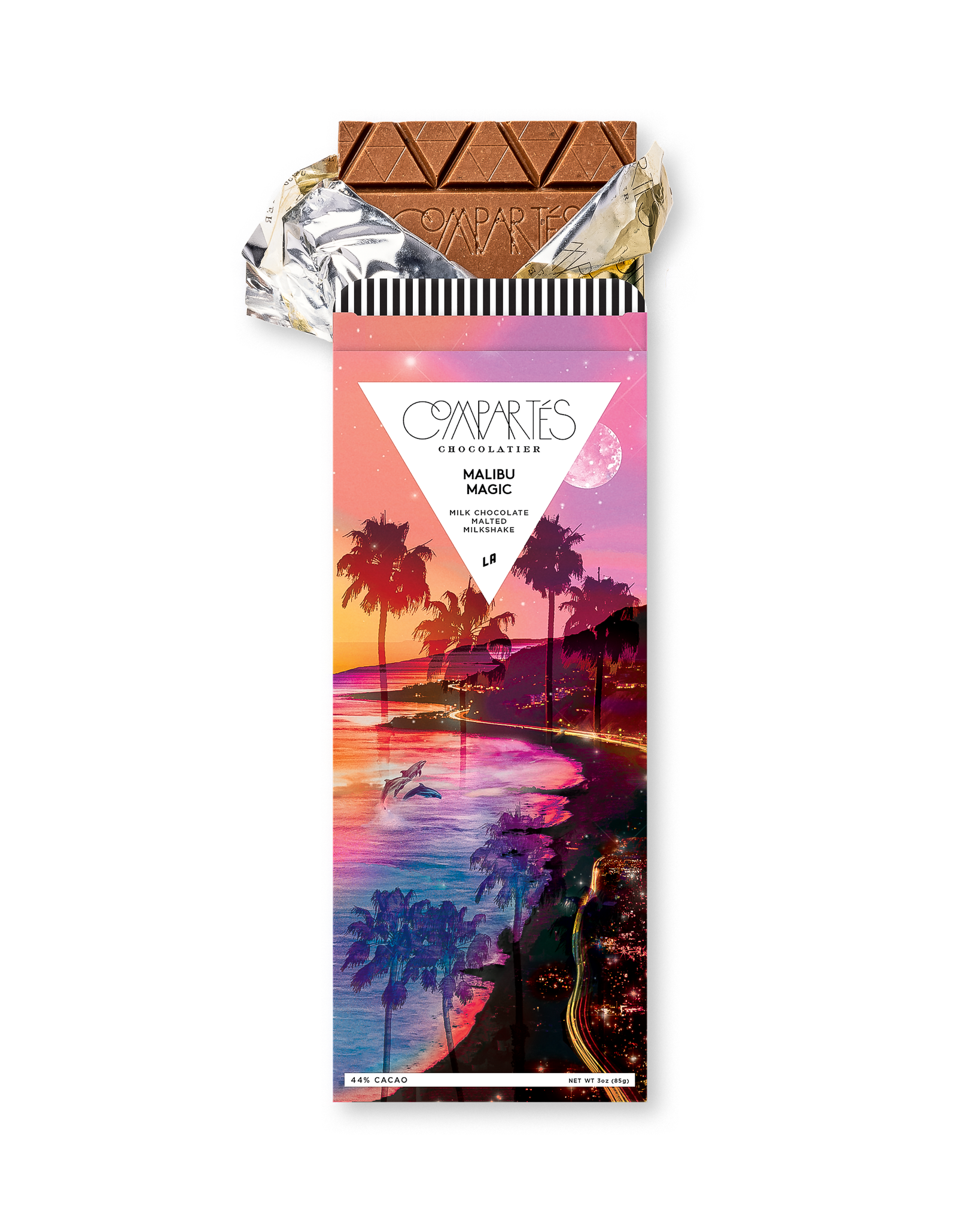 Compartes luxury malted milkshake chocolate bar, milk chocolate in a Malibu sunset wrapper, chocolate gift, sea salt