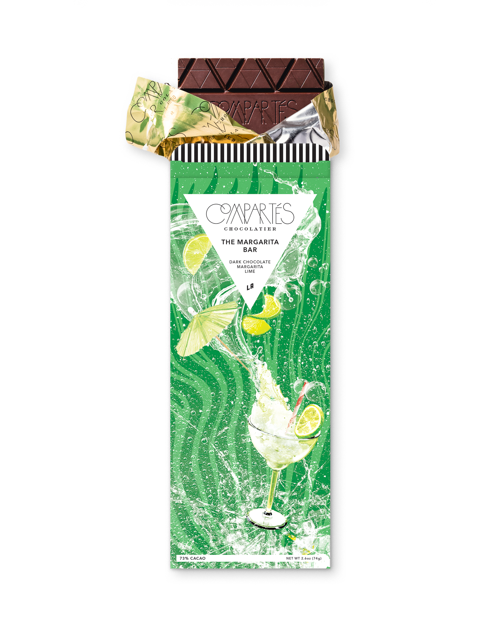 Compartes gourmet margarita tequila chocolate bar, dark chocolate in a green lime and cocktail wrapper, chocolate gift