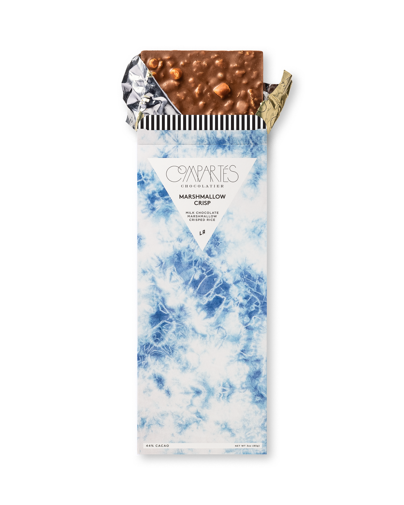 Compartes gourmet marshmallow crisp milk chocolate bar, blue and white wrapper art, chocolate gift, crisped rice