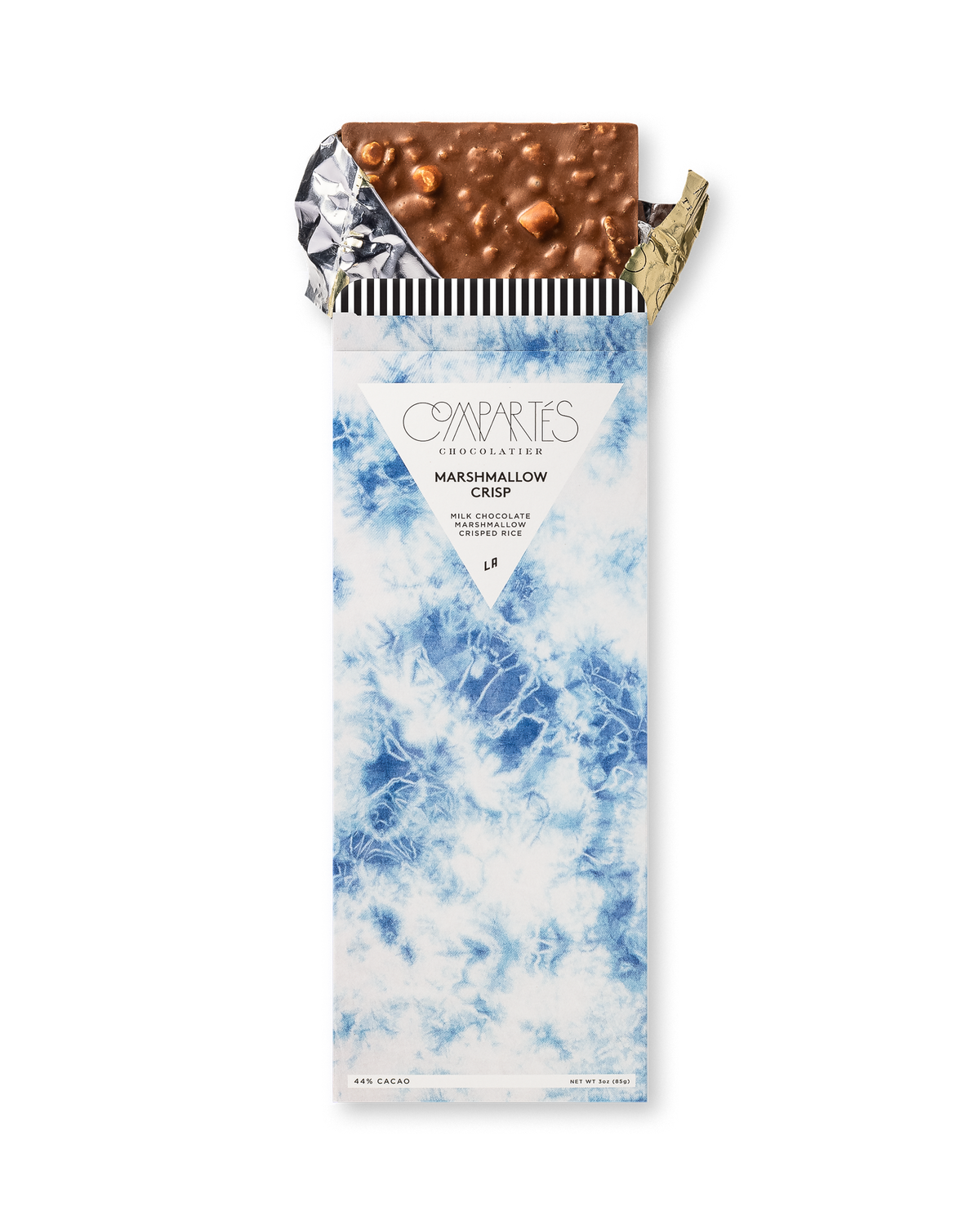 Compartes gourmet marshmallow crisp milk chocolate bar, blue and white wrapper art, chocolate gift, crisped rice