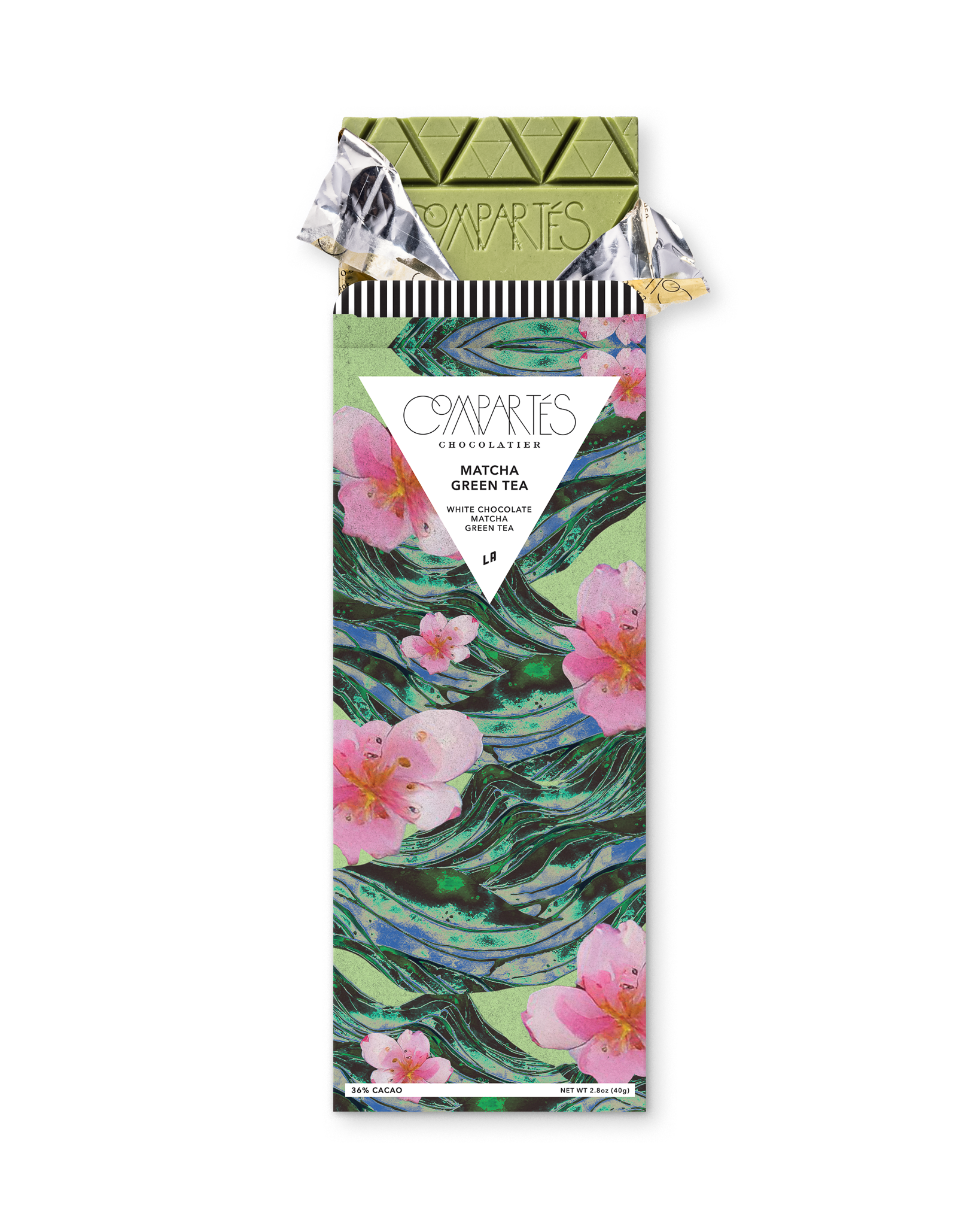 Compartes luxury chocolate gift bar, green matcha white chocolate in a green and pink blossom wrapper