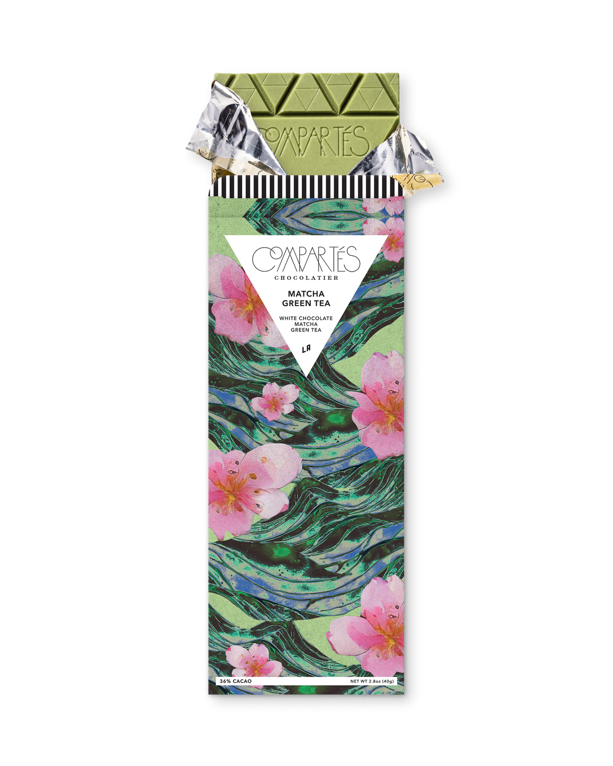 Compartes luxury chocolate gift bar, green matcha white chocolate in a green and pink blossom wrapper