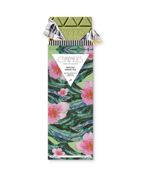 Compartes luxury chocolate gift bar, green matcha white chocolate in a green and pink blossom wrapper