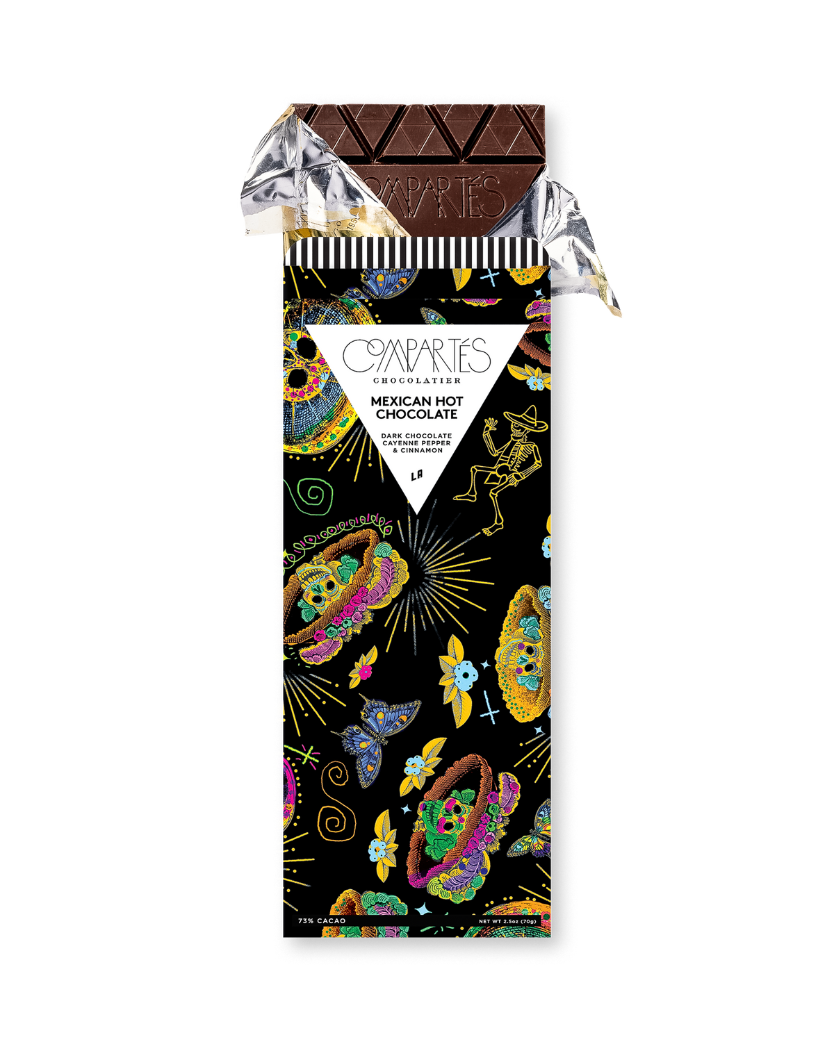Compartes luxury chocolate gift bar, spicy dark chocolate in a black sugar skull wrapper, cayenne and cinnamon