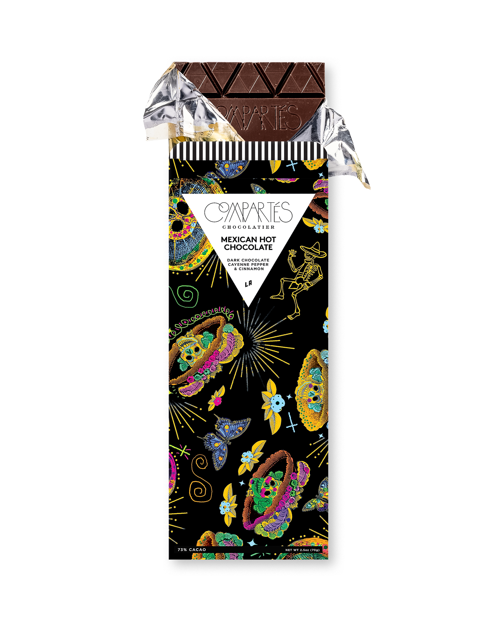 Compartes luxury chocolate gift bar, spicy dark chocolate in a black sugar skull wrapper, cayenne and cinnamon