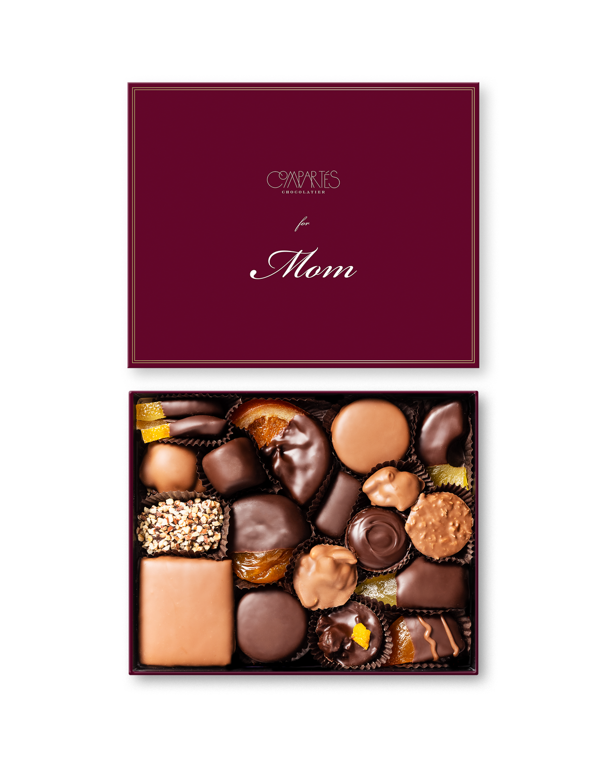 Compartes Mother's Day chocolates, world famous gourmet chocolate gift box with a burgundy for Mom lid